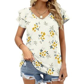 AILLOSA YH-61 Tamamı Baskılı Fırfırlı Kısa Kollu V Yakalı Kadın T-shirt