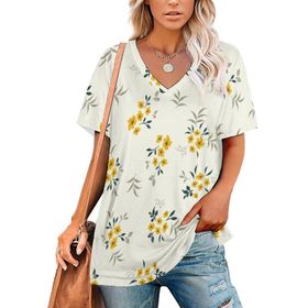 AILLOSA YH-61 Tamamı Baskılı Kısa Kollu V Yaka Kadın T-shirt