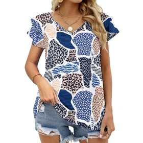 AILLOSA YH-610 Tamamı Baskılı Fırfırlı Kısa Kollu V Yakalı Kadın T-shirt