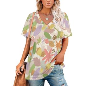 AILLOSA YH-612 Tamamı Baskılı Kısa Kollu V Yaka Kadın T-shirt