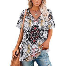 AILLOSA YH-613 Tamamı Baskılı Kısa Kollu V Yaka Kadın T-shirt
