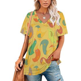 AILLOSA YH-614 Tamamı Baskılı Kısa Kollu V Yaka Kadın T-shirt