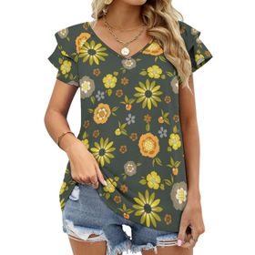AILLOSA YH-617 Tamamı Baskılı Fırfırlı Kısa Kollu V Yakalı Kadın T-shirt