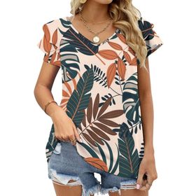 AILLOSA YH-62 Tamamı Baskılı Fırfırlı Kısa Kollu V Yakalı Kadın T-shirt
