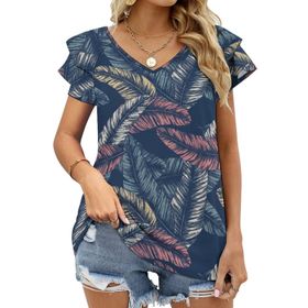 AILLOSA YH-620 Tamamı Baskılı Fırfırlı Kısa Kollu V Yakalı Kadın T-shirt