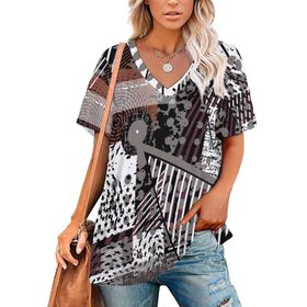 AILLOSA YH-626 Tamamı Baskılı Kısa Kollu V Yakalı Kadın T-shirt