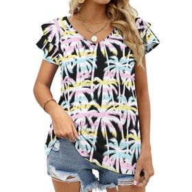 AILLOSA YH-627 Tamamı Baskılı Fırfırlı Kısa Kollu V Yakalı Kadın T-shirt