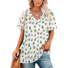 AILLOSA YH-630 Tamamı Baskılı Kısa Kollu V Yakalı Kadın T-shirt