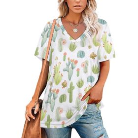 AILLOSA YH-631 Tamamı Baskılı Kısa Kollu V Yakalı Kadın T-shirt
