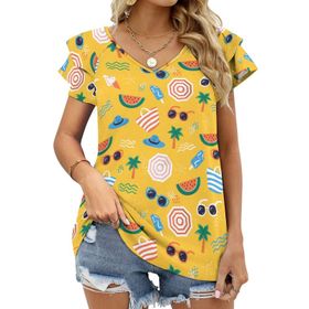 AILLOSA YH-632 Tamamı Baskılı Fırfırlı Kısa Kollu V Yakalı Kadın T-shirt