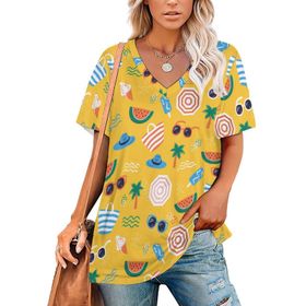 AILLOSA YH-632 Tamamı Baskılı Kısa Kollu V Yakalı Kadın T-shirt