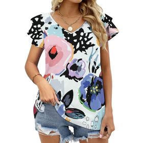 AILLOSA YH-637 Tamamı Baskılı Fırfırlı Kısa Kollu V Yakalı Kadın T-shirt