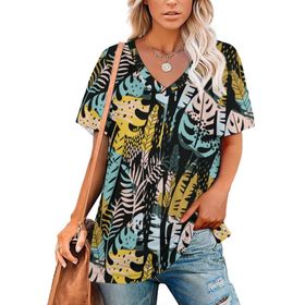 AILLOSA YH-639 Tamamı Baskılı Kısa Kollu V Yakalı Kadın T-shirt
