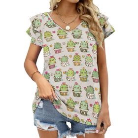 AILLOSA YH-640 Tamamı Baskılı Fırfırlı Kısa Kollu V Yakalı Kadın T-shirt