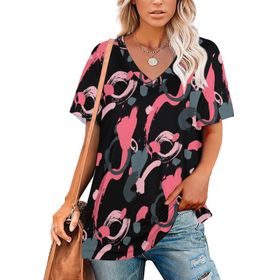 AILLOSA YH-642 Tamamı Baskılı Kısa Kollu V Yakalı Kadın T-shirt