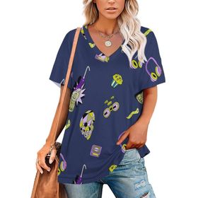 AILLOSA YH-643 Tamamı Baskılı Kısa Kollu V Yakalı Kadın T-shirt