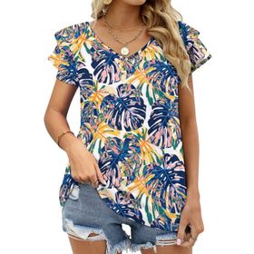 AILLOSA YH-644 Tamamı Baskılı Fırfırlı Kısa Kollu V Yakalı Kadın T-shirt