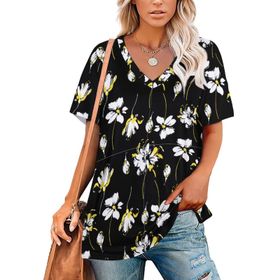 AILLOSA YH-645 Tamamı Baskılı Kısa Kollu V Yakalı Kadın T-shirt