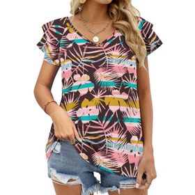 AILLOSA YH-646 Tamamı Baskılı Fırfırlı Kısa Kollu V Yakalı Kadın T-shirt