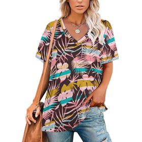 AILLOSA YH-646 Tamamı Baskılı Kısa Kollu V Yakalı Kadın T-shirt