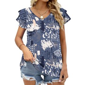 AILLOSA YH-647 Tamamı Baskılı Fırfırlı Kısa Kollu V Yakalı Kadın T-shirt
