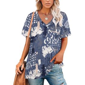 AILLOSA YH-647 Tamamı Baskılı Kısa Kollu V Yakalı Kadın T-shirt