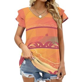 AILLOSA YH-648 Tamamı Baskılı Fırfırlı Kısa Kollu V Yakalı Kadın T-shirt