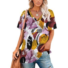 AILLOSA YH-649 Tamamı Baskılı Kısa Kollu V Yakalı Kadın T-shirt