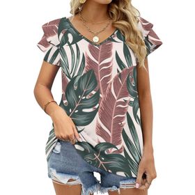 AILLOSA YH-65 Tamamı Baskılı Fırfırlı Kısa Kollu V Yakalı Kadın T-shirt