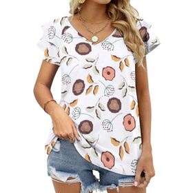 AILLOSA YH-650 Tamamı Baskılı Fırfırlı Kısa Kollu V Yakalı Kadın T-shirt