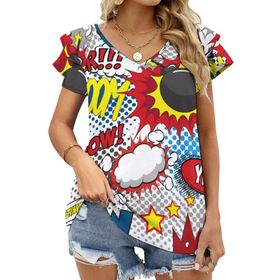 AILLOSA YH-652 Tamamı Baskılı Fırfırlı Kısa Kollu V Yakalı Kadın T-shirt