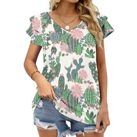 AILLOSA YH-654 Tamamı Baskılı Fırfırlı Kısa Kollu V Yakalı Kadın T-shirt