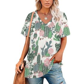 AILLOSA YH-654 Tamamı Baskılı Kısa Kollu V Yakalı Kadın T-shirt