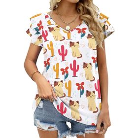 AILLOSA YH-655 Tamamı Baskılı Fırfırlı Kısa Kollu V Yakalı Kadın T-shirt