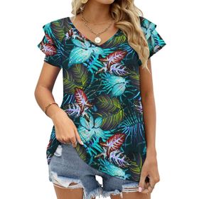 AILLOSA YH-656 Tamamı Baskılı Fırfırlı Kısa Kollu V Yakalı Kadın T-shirt