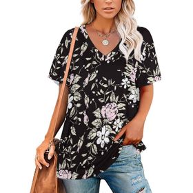 AILLOSA YH-657 Tamamı Baskılı Kısa Kollu V Yakalı Kadın T-shirt