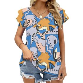 AILLOSA YH-658 Tamamı Baskılı Fırfırlı Kısa Kollu V Yakalı Kadın T-shirt