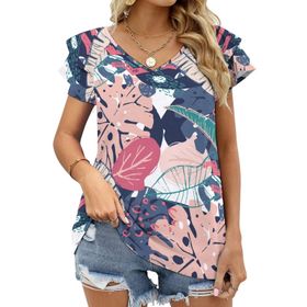 AILLOSA YH-659 Tamamı Baskılı Fırfırlı Kısa Kollu V Yakalı Kadın T-shirt