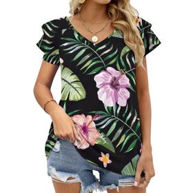 AILLOSA YH-66 Tamamı Baskılı Fırfırlı Kısa Kollu V Yakalı Kadın T-shirt