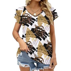 AILLOSA YH-660 Tamamı Baskılı Fırfırlı Kısa Kollu V Yakalı Kadın T-shirt