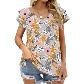 AILLOSA YH-661 Tamamı Baskılı Fırfırlı Kısa Kollu V Yakalı Kadın T-shirt
