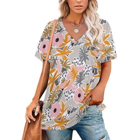 AILLOSA YH-661 Tamamı Baskılı Kısa Kollu V Yakalı Kadın T-shirt