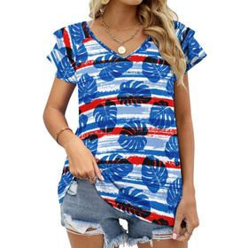 AILLOSA YH-662 Tamamı Baskılı Fırfırlı Kısa Kollu V Yakalı Kadın T-shirt