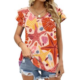 AILLOSA YH-663 Tamamı Baskılı Fırfırlı Kısa Kollu V Yakalı Kadın T-shirt