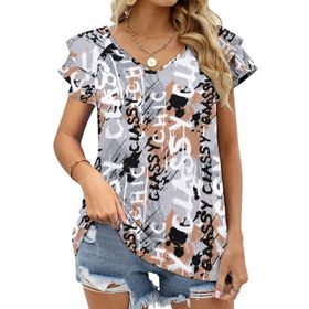 AILLOSA YH-664 Tamamı Baskılı Fırfırlı Kısa Kollu V Yakalı Kadın T-shirt