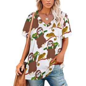 AILLOSA YH-665 Tamamı Baskılı Kısa Kollu V Yakalı Kadın T-shirt