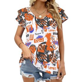 AILLOSA YH-666 Tamamı Baskılı Fırfırlı Kısa Kollu V Yakalı Kadın T-shirt