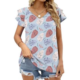 AILLOSA YH-667 Tamamı Baskılı Fırfırlı Kısa Kollu V Yakalı Kadın T-shirt