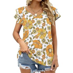 AILLOSA YH-668 Tamamı Baskılı Fırfırlı Kısa Kollu V Yakalı Kadın T-shirt