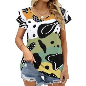 AILLOSA YH-669 Tamamı Baskılı Fırfırlı Kısa Kollu V Yakalı Kadın T-shirt